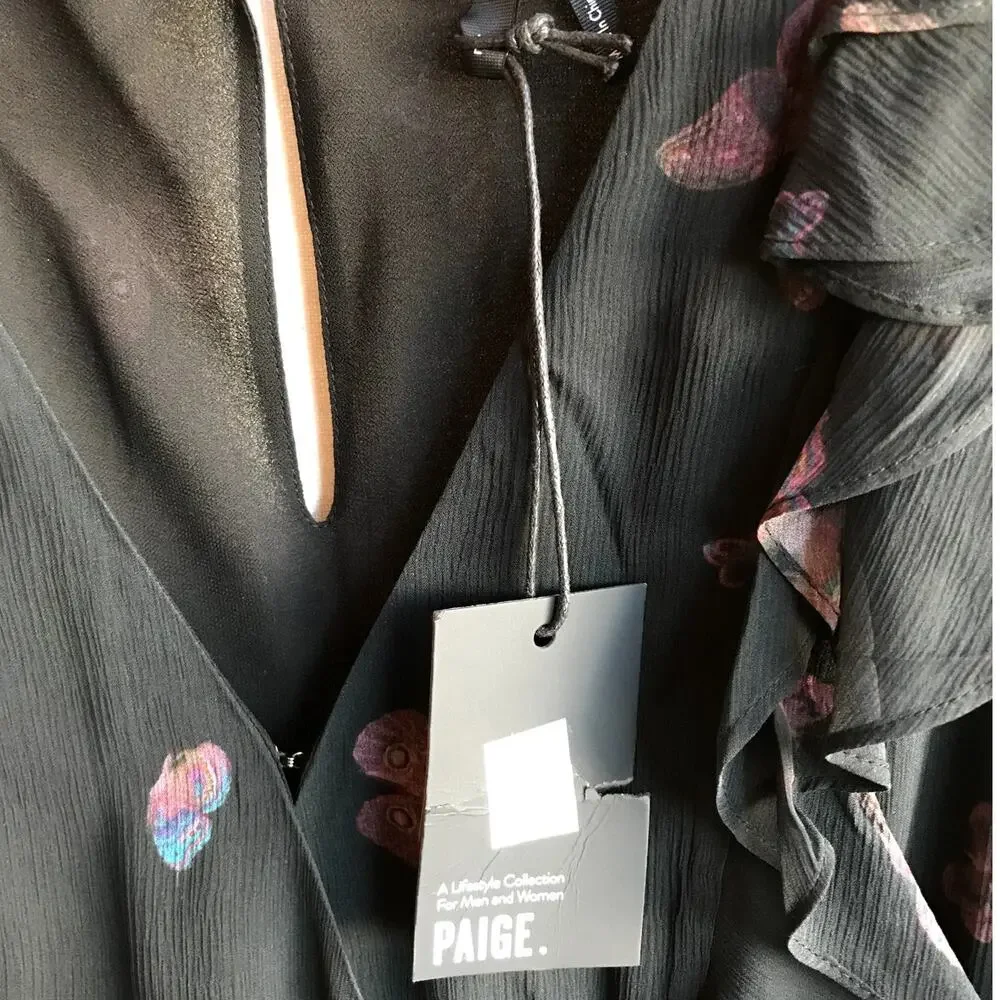 NWT Paige Black Butterfly Print Silk "Basil" Dress with Drawstring Waist size L - Picture 9 of 9